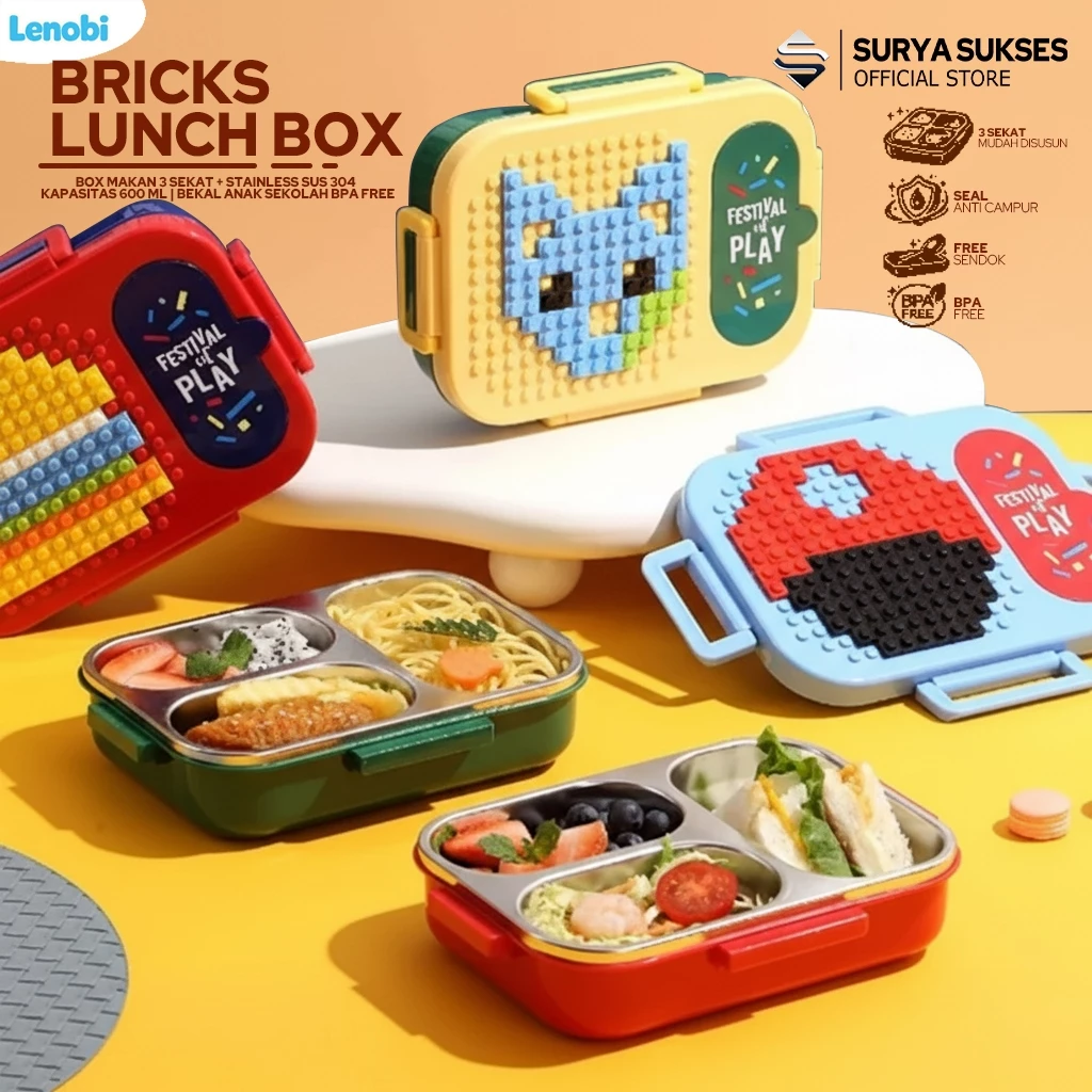 Lenobi Bricks Lunchbox 3 Sekat BPA Free 600ML