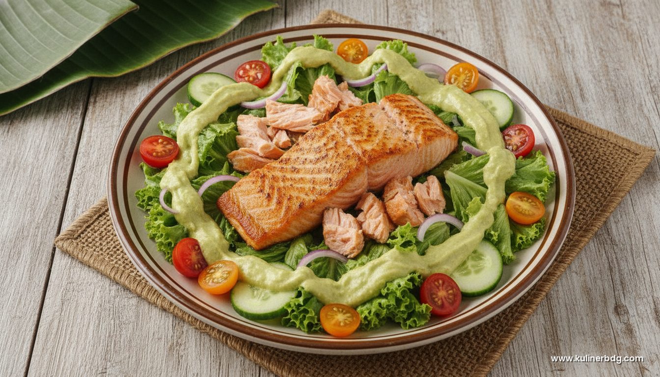 Salad Salmon Panggang Saus Alpukat Lemon, Segar & Creamy